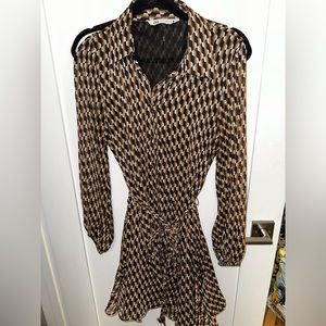 Zara Retro Geo Print Black Brown and Gold Lurex Ruffled Skater Mini Dress med